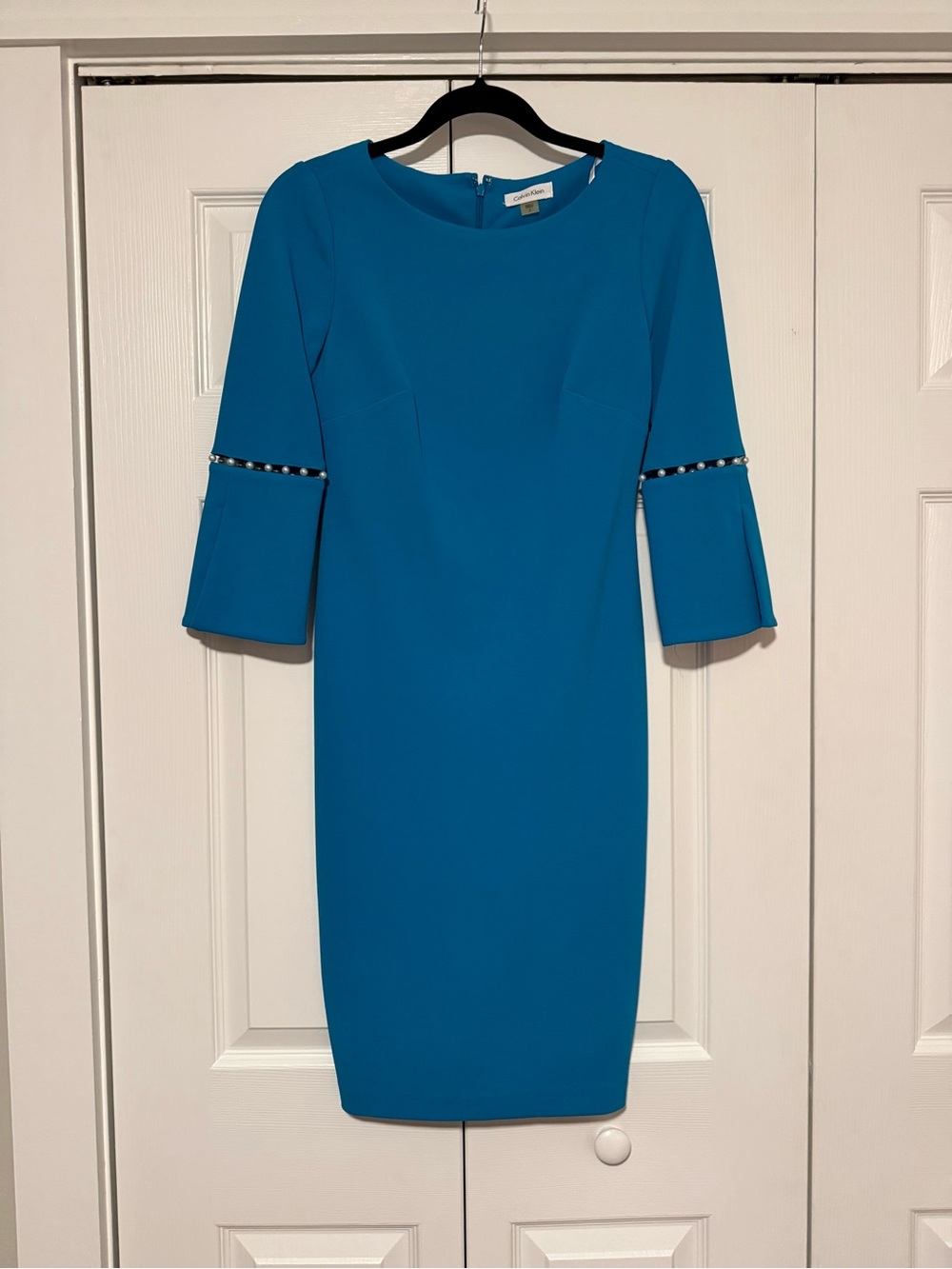 Calvin Klein Teal Midi Sheath Dress with Embellished Bell Sleeves